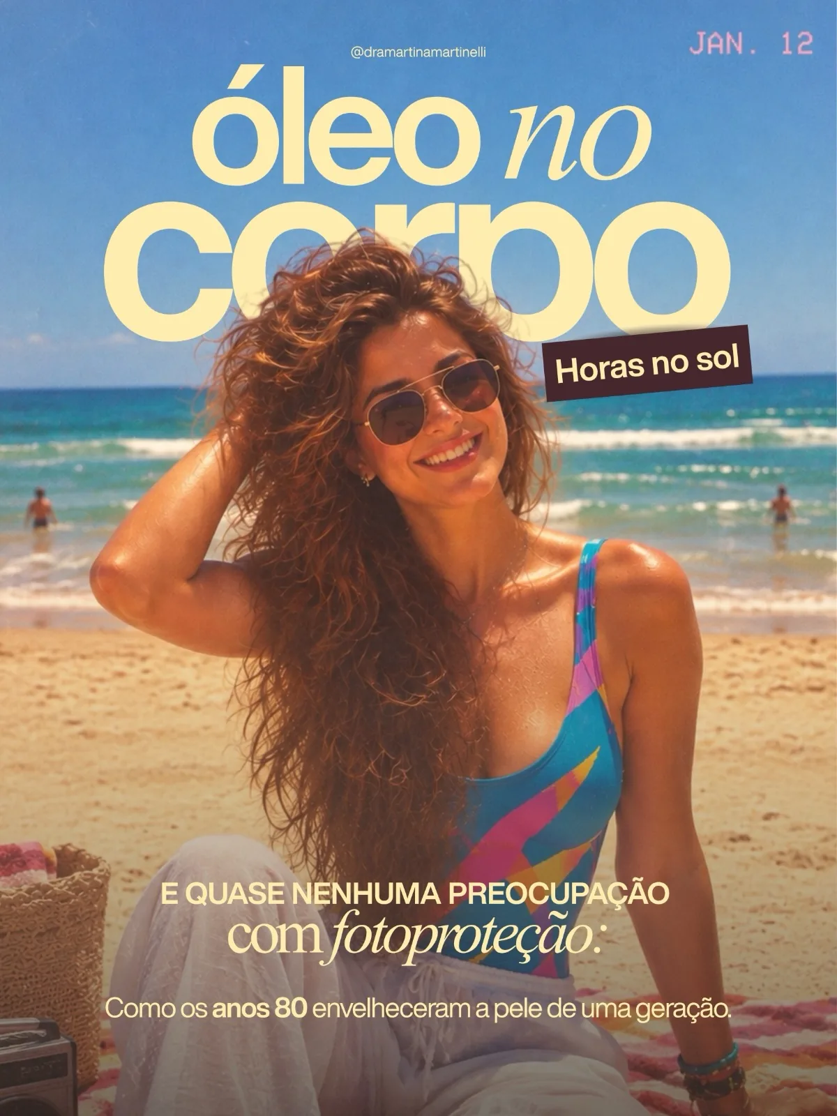 Mãos segurando a bebida na praia — “óleo no corpo”, anos 80; recorte sem o rosto